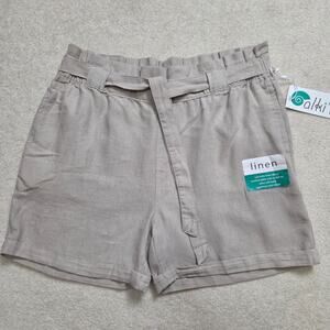 Alki'i XL Linen Blend Pull On Paperbag Cuffed Shorts Hi-Waist Tie Belt Khaki/Tan